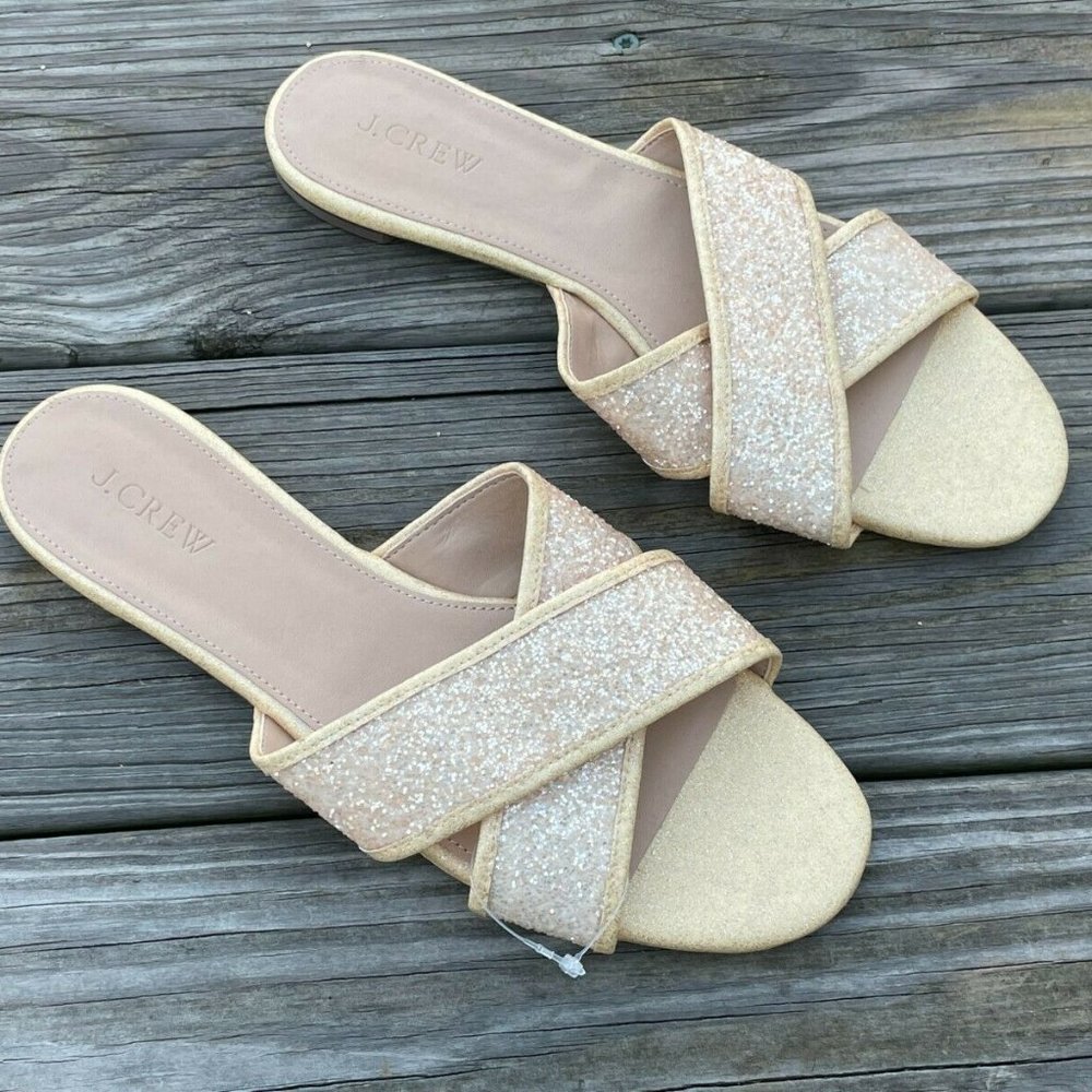 J. Crew Women Sandal Flat Shoes Sparkling man made Upper Gold Tone Size 10 - Picture 2 of 12